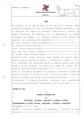 Câmara Municipal de Valpaços - Ata 7 2015 Reunião de Câmara de 1 de abril de 2015