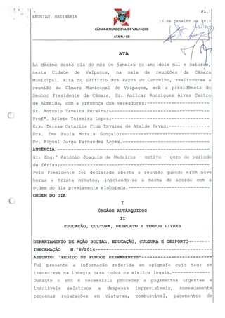 Câmara de Valpaços - Ata 8 2014 de 16 de janeiro de 2014