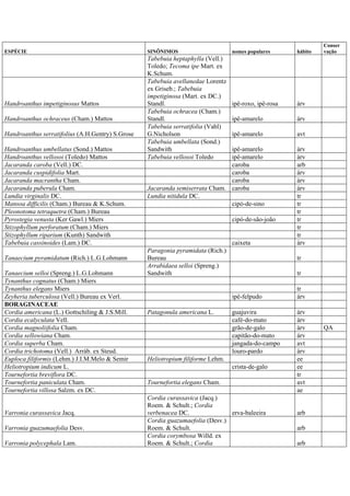 ESPÉCIE SINÔNIMOS nomes populares hábito
Conser
vação
Tabebuia heptaphylla (Vell.)
Toledo; Tecoma ipe Mart. ex
K.Schum.
Handroanthus impetiginosus Mattos
Tabebuia avellanedae Lorentz
ex Griseb.; Tabebuia
impetiginosa (Mart. ex DC.)
Standl. ipê-roxo, ipê-rosa árv
Handroanthus ochraceus (Cham.) Mattos
Tabebuia ochracea (Cham.)
Standl. ipê-amarelo árv
Handroanthus serratifolius (A.H.Gentry) S.Grose
Tabebuia serratifolia (Vahl)
G.Nicholson ipê-amarelo avt
Handroanthus umbellatus (Sond.) Mattos
Tabebuia umbellata (Sond.)
Sandwith ipê-amarelo árv
Handroanthus vellosoi (Toledo) Mattos Tabebuia vellosoi Toledo ipê-amarelo árv
Jacaranda caroba (Vell.) DC. caroba arb
Jacaranda cuspidifolia Mart. caroba árv
Jacaranda macrantha Cham. caroba árv
Jacaranda puberula Cham. Jacaranda semiserrata Cham. caroba árv
Lundia virginalis DC. Lundia nitidula DC. tr
Mansoa difficilis (Cham.) Bureau & K.Schum. cipó-de-sino tr
Pleonotoma tetraquetra (Cham.) Bureau tr
Pyrostegia venusta (Ker Gawl.) Miers cipó-de-são-joão tr
Stizophyllum perforatum (Cham.) Miers tr
Stizophyllum riparium (Kunth) Sandwith tr
Tabebuia cassinoides (Lam.) DC. caixeta árv
Tanaecium pyramidatum (Rich.) L.G.Lohmann
Paragonia pyramidata (Rich.)
Bureau tr
Tanaecium selloi (Spreng.) L.G.Lohmann
Arrabidaea selloi (Spreng.)
Sandwith tr
Tynanthus cognatus (Cham.) Miers
Tynanthus elegans Miers tr
Zeyheria tuberculosa (Vell.) Bureau ex Verl. ipê-felpudo árv
BORAGINACEAE
Cordia americana (L.) Gottschiling & J.S.Mill. Patagonula americana L. guajuvira árv
Cordia ecalyculata Vell. café-do-mato árv
Cordia magnoliifolia Cham. grão-de-galo árv QA
Cordia sellowiana Cham. capitão-do-mato árv
Cordia superba Cham. jangada-do-campo avt
Cordia trichotoma (Vell.) Arráb. ex Steud. louro-pardo árv
Euploca filiformis (Lehm.) J.I.M.Melo & Semir Heliotropium filiforme Lehm. ee
Heliotropium indicum L. crista-de-galo ee
Tournefortia breviflora DC. tr
Tournefortia paniculata Cham. Tournefortia elegans Cham. avt
Tournefortia villosa Salzm. ex DC. ae
Varronia curassavica Jacq.
Cordia curassavica (Jacq.)
Roem. & Schult.; Cordia
verbenacea DC. erva-baleeira arb
Varronia guazumaefolia Desv.
Cordia guazumaefolia (Desv.)
Roem. & Schult. arb
Varronia polycephala Lam.
Cordia corymbosa Willd. ex
Roem. & Schult.; Cordia arb
 