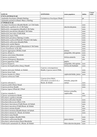 ESPÉCIE SINÔNIMOS nomes populares hábito
Conser
vação
CYCLANTHACEAE
Asplundia brachypus (Drude) Harling Carludovica brachypus Drude pc
Asplundia polymera (Hand.-Mazz.) Harling
CYPERACEAE
Ascolepis brasiliensis (Kunth) Benth. ex C.B.Clarke eces
Bulbostylis capillaris (L.) C.B.Clarke alecrim-da-praia eces
Bulbostylis consanguinea (Kunth) C.B.Clarke eces
Bulbostylis junciformis (Kunth) C.B.Clarke eces
Bulbostylis juncoides (Vahl) Kük. eces
Bulbostylis major Palla eces
Bulbostylis paradoxa (Spreng.) Lindm. eces
Bulbostylis scabra (J.Presl & C.Presl) C.B.Clarke eces
Bulbostylis sellowiana (Kunth) Palla eces
Bulbostylis smithii Barros eces
Bulbostylis sphaerocephala (Boeckeler) C.B.Clarke eces
Carex brasiliensis A.St.-Hil. eces
Cyperus aggregatus (Willd.) Endl. tiririca eces
Cyperus distans L. junquinho, três-quinas eces
Cyperus entrerianus Boeckeler eces
Cyperus esculentus L. tiririca-amarela era
Cyperus friburgensis Boeckeler eriz
Cyperus giganteus Vahl papiro
Cyperus haspan L. junquinho, três-quinas eces
Cyperus hermaphroditus (Jacq.) Standl. tiririca-do-banhado eces
Cyperus intricatus Schrad. ex Schult.
Cyperus consanguineus
Kunth; Cyperus usterii Palla eces
Cyperus laxus Lam. eces
Cyperus luzulae (L.) Retz. capim-de-botão, junca eces
Cyperus ochraceus Vahl
Cyperus odoratus L.
Cyperus ferax Rich.;
Eleocharis acicularis (L.)
Roem. & Schult.
tiriricão, junça-de-
ouriço eces
Cyperus pohlii (Nees) Steud. eces
Cyperus prolixus Kunth eces
Cyperus rigens J.Presl & C.Presl
Cyperus rotundus L.
tiririca-vermelha,
capim-alho era
Cyperus surinamensis Rottb. eces
Eleocharis capillacea Kunth
Eleocharis filiculmis Kunth eces
Eleocharis flavescens (Poir.) Urb. eces
Eleocharis interstincta (Vahl) Roem. & Schult. eces
Eleocharis maculosa (Vahl) Roem. & Schult. era
Eleocharis minima Kunth eces
Eleocharis montana (Kunth) Roem. & Schult. eriz
Eleocharis mutata (L.) Roem. & Schult. eces
Eleocharis nana Kunth
Eleocharis nudipes (Kunth) Palla eces
Eleocharis sellowiana Kunth junco-manso eces
Eleocharis subarticulata (Nees) Boeckeler eces
Fimbristylis autumnalis (L.) Roem. & Schult. falso-alecrim-da-praia eces
 