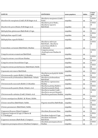 ESPÉCIE SINÔNIMOS nomes populares hábito
Conser
vação
II
Brasiliorchis marginata (Lindl.) R.B.Singer et al.
Maxillaria marginata (Lindl.)
Fenzl orquídea ep
CITES
II
Brasiliorchis picta (Hook.) R.B.Singer et al.
Maxillaria picta Hook.;
Maxillaria rupestris
Barb.Rodr. orquídea ep
CITES
II
Bulbophyllum glutinosum (Barb.Rodr.) Cogn. orquídea ep
CITES
II
Bulbophyllum napelli Lindl. orquídea ep
CITES
II
Bulbophyllum regnellii Rchb.f. orquídea ep
CITES
II
Camaridium carinatum (Barb.Rodr.) Hoehne
Maxillaria imbricata
Barb.Rodr.; Maxillaria
jenischiana (Rchb.f.)
C.Schweinf. orquídea ep
CITES
II
Campylocentrum aromaticum Barb.Rodr.
Campylocentrum
rhomboglossum Hoehne &
Schltr. orquídea ep
CITES
II
Campylocentrum crassirhizum Hoehne orquídea ep
CITES
II
Campylocentrum linearifolium Cogn. orquídea ep
CITES
II
Campylocentrum parahybunense (Barb.Rodr.) Rolfe orquídea ep
CITES
II
Capanemia micromera Barb.Rodr. orquídea ep
CITES
II
Christensonella cepula (Rchb.f.) S.Koehler
Maxillaria pachyphylla Schltr.
ex Hoehne orquídea ep
CITES
II
Christensonella ferdinandiana (Barb.Rodr.) Szlach.
et al.
Maxillaria ferdinandiana
Barb.Rodr. orquídea ep
CITES
II
Christensonella neuwiedii (Rchb.f.) S.Koehler
Maxillaria cogniauxiana
Hoehne orquídea ep
CITES
II
Christensonella pumila (Hook.) Szlach. et al.
Maxillaria plebeja Rchb.f.;
Maxillaria pumila Hook. orquídea ep
CITES
II
Christensonella subulata (Lindl.) Szlach. et al.
Maxillaria madida Lindl.;
Maxillaria mosenii Kraenzl.;
Maxillaria paulistana Hoehne orquídea ep
CITES
II
Cleistes mantiqueirae (Rchb.f. & Warm.) Schltr. orquídea ee
CITES
II
Cleistes metallina (Barb.Rodr.) Schltr. Pogonia metallina Barb.Rodr. orquídea
CITES
II
Cleistes paranaensis (Barb.Rodr.) Schltr. orquídea ee
CITES
II
Coppensia flexuosa (Sims) Campacci Oncidium flexuosum Sims orquídea ep
CITES
II
Coppensia loefgrenii (Cogn.) F.Barros &
V.T.Rodrigues Oncidium loefgrenii Cogn. orquídea ep
CITES
II
Coppensia montana (Barb.Rodr.) Campacci
Oncidium montanum
Barb.Rodr. orquídea ep
CITES
II
Coppensia paranapiacabensis (Hoehne) Campacci
Oncidium paranapiacabense
Hoehne orquídea ep
CITES
II
 