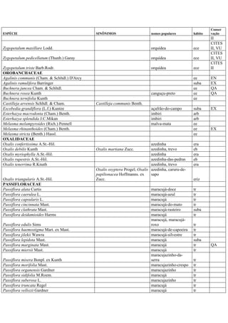 ESPÉCIE SINÔNIMOS nomes populares hábito
Conser
vação
II
Zygopetalum maxillare Lodd. orquídea ece
CITES
II, VU
Zygopetalum pedicellatum (Thunb.) Garay orquídea ece
CITES
II, VU
Zygopetalum triste Barb.Rodr. orquídea ece
CITES
II
OROBANCHACEAE
Agalinis communis (Cham. & Schltdl.) D'Arcy ee EN
Agalinis ramulifera Barringer suba EX
Buchnera juncea Cham. & Schltdl. ee QA
Buchnera rosea Kunth canguçu-preto ee QA
Buchnera ternifolia Kunth ee
Castilleja arvensis Schltdl. & Cham. Castilleja communis Benth.
Escobedia grandiflora (L.f.) Kuntze açafrão-do-campo suba EX
Esterhazya macrodonta (Cham.) Benth. imbiri arb
Esterhazya splendida J.C.Mikan imbiri arb
Melasma melampyroides (Rich.) Pennell malva-mata ee
Melasma rhinanthoides (Cham.) Benth. ee EX
Melasma stricta (Benth.) Hassl. ee
OXALIDACEAE
Oxalis confertissima A.St.-Hil. azedinha era
Oxalis debilis Kunth Oxalis martiana Zucc. azedinha, trevo eb
Oxalis myriophylla A.St.-Hil. azedinha era
Oxalis rupestris A.St.-Hil. azedinha-das-pedras eb
Oxalis tenerrima R.Knuth azedinha, trevo era
Oxalis triangularis A.St.-Hil.
Oxalis oxyptera Progel; Oxalis
papilionacea Hoffmanns. ex
Zucc.
azedinha, caruru-de-
sapo
eriz
PASSIFLORACEAE
Passiflora alata Curtis maracujá-doce tr
Passiflora caerulea L. maracujá-azul tr
Passiflora capsularis L. maracujá tr
Passiflora cincinnata Mast. maracujá-do-mato tr
Passiflora clathrata Mast. maracujá-rasteiro suba
Passiflora deidamioides Harms maracujá tr
Passiflora edulis Sims
maracujá, maracujá-
roxo tr
Passiflora haemostigma Mart. ex Mast. maracujá-de-capoeira tr
Passiflora jilekii Wawra maracujá-silvestre tr
Passiflora lepidota Mast. maracujá suba
Passiflora marginata Mast. maracujá tr QA
Passiflora miersii Mast. maracujá tr
Passiflora misera Bonpl. ex Kunth
maracujazinho-da-
serra tr
Passiflora morifolia Mast. maracujazinho-crespo tr
Passiflora organensis Gardner maracujazinho tr
Passiflora sidifolia M.Roem. maracujá tr
Passiflora suberosa L. maracujazinho tr
Passiflora truncata Regel maracujá tr
Passiflora vellozii Gardner maracujá tr
 