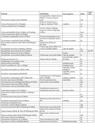ESPÉCIE SINÔNIMOS nomes populares hábito
Conser
vação
Chrysolaena simplex (Less.) Dematt.
Lessingianthus simplex (Less.)
H.Rob.; Vernonia simplex
Less. eriz
Conyza bonariensis (L.) Cronquist
Erigeron bonariensis L.;
Erigeron linifolius Willd. voadeira ee
Conyza canadensis (L.) Cronquist ee
Conyza primulifolia (Lam.) Cuatrec. & Lourteig
Conyza chilensis Spreng.;
Erigeron chilensis (Spreng.)
G.Don eros
Conyza sumatrensis (Retz.) E.Walker ee
Critoniopsis quinqueflora (Less.) H.Rob. Vernonia quinqueflora Less. avt
Cyrtocymura scorpioides (Lam.) H.Rob.
Vernonia scorpioides (Lam.)
Pers. enxuga, erva-preá ae
Dasycondylus debeauxii (B.L.Rob.) R.M.King &
H.Rob.
Eupatorium debeauxii
B.L.Rob.
Dasyphyllum brasiliense (Spreng.) Cabrera
Chuquiraga glabra Baker var.
varians (Gardner) Baker cipó-de-agulha ae
Dasyphyllum lanceolatum (Less.) Cabrera arb rara Br
Dasyphyllum spinescens (Less.) Cabrera sucará
Dasyphyllum synacanthum (Baker) Cabrera Chuquiraga synacantha Baker cipó-de-espinha tr
Eclipta prostrata (L.) L. Eclipta alba (L.) Hassk.
erva-de-botão, agrião-
do-brejo ee
Elephantopus micropappus Less. ee
Emilia fosbergii Nicolson serralha-mirim ee
Emilia sonchifolia (L.) DC. ex Wight serralha-mirim ee
Erechtites hieracifolius (L.) Raf. ex DC.
capiçoba, caruru-
amargoso ee
Erechtites valerianifolius (Wolf) DC.
capiçoba, caruru-
amargoso ee
Eremanthus erythropappus (DC.) MacLeish
Vanillosmopsis erythropappa
(DC.) Sch.Bip. candeia, cambará avt
Facelis retusa (Lam.) Sch.Bip. Facelis apiculata Cass. macelinha ee
Fleischmannia laxa (Gardner) R.M.King & H.Rob. Eupatorium laxum Gardner arb
Gamochaeta americana (Mill.) Wedd. ee
Gamochaeta calviceps (Fernald) Cabrera ee
Gamochaeta purpurea (L.) Cabrera
Gnaphalium purpureum L.;
Gnaphalium spicatum Lam. macela, meloso
Gamochaeta simplicicaulis (Willd. ex Spreng.)
Cabrera ee
Gochnatia paniculata (Less.) Cabrera arb
Gochnatia polymorpha (Less.) Cabrera
Moquinia polymorpha (Less.)
DC. cambará árv
Gochnatia rotundifolia Less.
Gochnatia velutina (Bong.) Cabrera arb
Grazielia intermedia (DC.) R.M.King & H.Rob. Eupatorium intermedium DC. arb
Gyptis lanigera (Hook. & Arn.) R.M.King & H.Rob.
Eupatorium lanigerum Hook.
& Arn.
Heterocondylus alatus (Vell.) R.M.King & H.Rob.
Eupatorium vauthierianum
DC. arb
Hieracium commersonii Monnier ee
Holocheilus brasiliensis (L.) Cabrera Trixis brasiliensis (L.) DC. ee
Hypochaeris chillensis (Kunth) Britton Hypochaeris brasiliensis almeirão-do-campo ee
 
