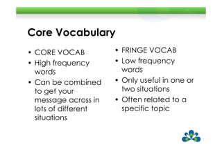 Core Vocabulary
• CORE VOCAB          • FRINGE VOCAB
• High frequency      • Low frequency
  words                 words
• Can be combined     • Only useful in one or
  to get your           two situations
  message across in   • Often related to a
  lots of different     specific topic
  situations
 