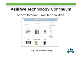 Assistive Technology Continuum
   Access to books – Mid Tech solution.




             http://tarheelreader.org
 