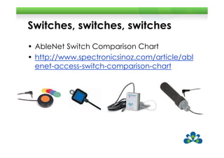 Switches, switches, switches
• AbleNet Switch Comparison Chart
• http://www.spectronicsinoz.com/article/abl
  enet-access-switch-comparison-chart
 