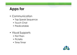 Apps for
• Communication
  • Tap Speak Sequence
  • Touch Chat
  • Predicatable


• Visual Supports
  • First Then
  • Pictello
  • Time Timer
 