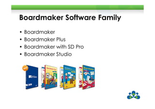 Boardmaker Software Family
•   Boardmaker
•   Boardmaker Plus
•   Boardmaker with SD Pro
•   Boardmaker Studio
 