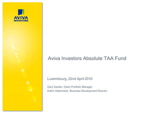 Aviva Investors Absolute TAA Fund



Luxembourg, 22nd April 2010

Gary Saidler, Client Portfolio Manager
Katrin Ostermeier, Business Development Director
 