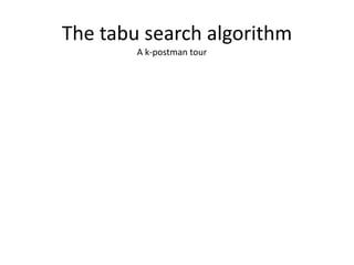 The tabu search algorithm
A k-postman tour
 
