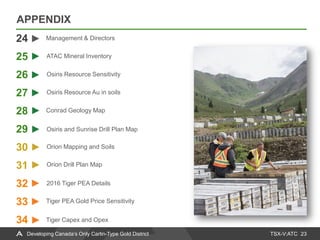 TSX-V:ATC 23Developing Canada’s Only Carlin-Type Gold District
APPENDIX
ATAC Mineral Inventory
24
25
26
27
28
29
30
31
32
33
34
Osiris Resource Sensitivity
Osiris Resource Au in soils
Osiris and Sunrise Drill Plan Map
Orion Mapping and Soils
Orion Drill Plan Map
2016 Tiger PEA Details
Management & Directors
Conrad Geology Map
Tiger PEA Gold Price Sensitivity
Tiger Capex and Opex
 