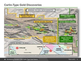 TSX-V:ATC
Carlin-Type Gold Discoveries
9Developing Canada’s Only Carlin-Type Gold District
Barrick Earn-In
~10,000 m diamond
drilling in 2018
Maiden Inferred
Resource
1.685M oz @ 4.23 g/t
1922
1991
1862
2002
1976 2011
 