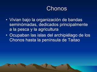 Chonos Vivian bajo la organización de bandas seminómadas, dedicados principalmente a la pesca y la agricultura Ocupaban las islas del archipiélago de los Chonos hasta la península de Taitao 