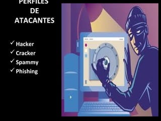 PERFILES
     DE
 ATACANTES

 Hacker
 Cracker
 Spammy
 Phishing
 