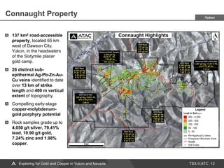 TSX-V:ATC
Connaught Property
12
Exploring for Gold and Copper in Yukon and Nevada
137 km2 road-accessible
property, located 65 km
west of Dawson City,
Yukon, in the headwaters
of the Sixtymile placer
gold camp.
26 distinct sub-
epithermal Ag-Pb-Zn-Au-
Cu veins identified to date
over 13 km of strike
length and 400 m vertical
extent of topography.
Compelling early-stage
copper-molybdenum-
gold porphyry potential
Rock samples grade up to
4,050 g/t silver, 79.41%
lead, 10.90 g/t gold,
7.24% zinc and 1.98%
copper.
Yukon
 