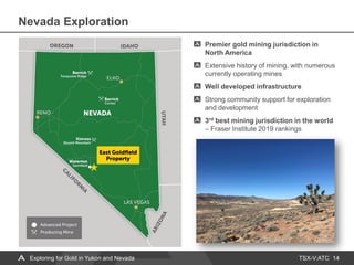 TSX-V:ATC
Nevada Exploration
14
Premier gold mining jurisdiction in
North America
Extensive history of mining, with numerous
currently operating mines
Well developed infrastructure
Strong community support for exploration
and development
3rd best mining jurisdiction in the world
– Fraser Institute 2019 rankings
Exploring for Gold in Yukon and Nevada
 