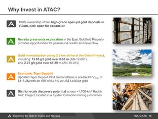 TSX-V:ATC
Why Invest in ATAC?
18
Nevada grassroots exploration at the East Goldfield Property
provides opportunities for year-round results and news flow
Economic Tiger Deposit
Updated Tiger Deposit PEA demonstrates a pre-tax NPV(5%) of
$118.2M with an IRR of 54.5% at US$1,400/oz gold
Gold mineralization along 2.5 km strike at the Orion Project,
including: 19.85 g/t gold over 8.51 m (AN-12-001),
and 2.75 g/t gold over 61.29 m (AN-16-010)
100% ownership of two high-grade open-pit gold deposits in
Yukon, both open for expansion
District-scale discovery potential across ~1,700-km² Rackla
Gold Project, located in a top-tier Canadian mining jurisdiction
Exploring for Gold in Yukon and Nevada
 