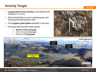 TSX-V:ATC
Airstrip Target
8
• Largest gold-in-soil anomaly on the Rackla Gold
Property (>11.5 km2)
• Gold mineralization occurs in oxidized pyrite- and
arsenopyrite-bearing quartz veins
• First orogenic gold system identified in this area
• First-pass diamond drill results include:
• 46.32 m of 0.51 g/t gold
• 101.13 m of 0.24 g/t gold
• 0.29 m of 7.33 g/t gold
Rau Project
Exploring for Gold in Yukon and Nevada
 