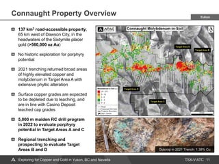 TSX-V:ATC
Connaught Property Overview
11
Exploring for Copper and Gold in Yukon, BC and Nevada
137 km2 road-accessible property,
65 km west of Dawson City, in the
headwaters of the Sixtymile placer
gold (>560,000 oz Au)
No historic exploration for porphyry
potential
2021 trenching returned broad areas
of highly elevated copper and
molybdenum in Target Area A with
extensive phyllic alteration
Surface copper grades are expected
to be depleted due to leaching, and
are in line with Casino Deposit
leached cap grades
5,000 m maiden RC drill program
in 2022 to evaluate porphyry
potential in Target Areas A and C
Regional trenching and
prospecting to evaluate Target
Areas B and D
Yukon
Outcrop in 2021 Trench: 1.38% Cu
 
