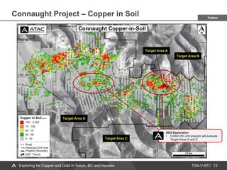 TSX-V:ATC
Connaught Project – Copper in Soil
12
Exploring for Copper and Gold in Yukon, BC and Nevada
Yukon
2022 Exploration
• 5,000m RC drill program will evaluate
Target Areas A and C
 