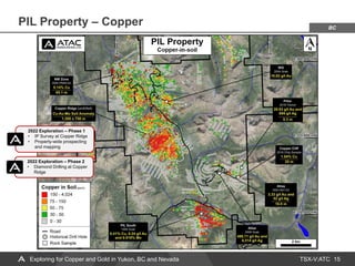 TSX-V:ATC
PIL Property – Copper
15
Exploring for Copper and Gold in Yukon, BC and Nevada
BC
2022 Exploration – Phase 1
• IP Survey at Copper Ridge
• Property-wide prospecting
and mapping
2022 Exploration – Phase 2
• Diamond Drilling at Copper
Ridge
 