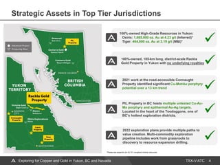 TSX-V:ATC
100%-owned High-Grade Resources in Yukon:
Osiris: 1,685,000 oz. Au at 4.23 g/t (Inferred)*
Tiger: 464,000 oz. Au at 3.19 g/t (M&I)*
PIL Property in BC hosts multiple untested Cu-Au-
Mo porphyry and epithermal Au-Ag targets.
Located in the heart of the Toodoggone, one of
BC’s hottest exploration districts.
2021 work at the road-accessible Connaught
Property identified significant Cu-Mo±Au porphyry
potential over a 13 km trend
100%-owned, 185-km long, district-scale Rackla
Gold Property in Yukon with no underlying royalties
4
Strategic Assets in Top Tier Jurisdictions
*Please see appendix for 43-101 compliant mineral resources.
Exploring for Copper and Gold in Yukon, BC and Nevada
2022 exploration plans provide multiple paths to
value creation. Multi-commodity exploration
pipeline includes work from grassroots to
discovery to resource expansion drilling.
 