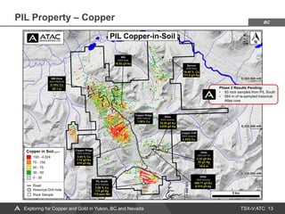 TSX-V:ATC
PIL Property – Copper
13
Exploring for Copper and Gold in Yukon, BC and Nevada
BC
Phase 2 Results Pending:
• 83 rock samples from PIL South
• 564 m of re-sampled historical
Atlas core
 