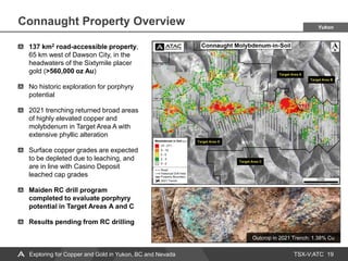 TSX-V:ATC
Connaught Property Overview
19
Exploring for Copper and Gold in Yukon, BC and Nevada
137 km2 road-accessible property,
65 km west of Dawson City, in the
headwaters of the Sixtymile placer
gold (>560,000 oz Au)
No historic exploration for porphyry
potential
2021 trenching returned broad areas
of highly elevated copper and
molybdenum in Target Area A with
extensive phyllic alteration
Surface copper grades are expected
to be depleted due to leaching, and
are in line with Casino Deposit
leached cap grades
Maiden RC drill program
completed to evaluate porphyry
potential in Target Areas A and C
Results pending from RC drilling
Yukon
Outcrop in 2021 Trench: 1.38% Cu
 