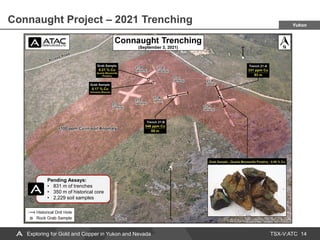 TSX-V:ATC
Connaught Project – 2021 Trenching
14
Exploring for Gold and Copper in Yukon and Nevada
Yukon
Pending Assays:
• 831 m of trenches
• 350 m of historical core
• 2,229 soil samples
 
