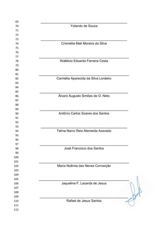 _______________________________________________69
Yolando de Souza70
71
72
_______________________________________________73
Crismélia Mali Moreira da Silva74
75
76
_________________________________________________77
Waltécio Eduardo Ferreira Costa78
79
80
_________________________________________________81
Carmélia Aparecida da Silva Lordeiro82
83
84
________________________________________________85
Álvaro Augusto Simões de O. Neto86
87
88
________________________________________________89
Antônio Carlos Soares dos Santos90
91
92
_______________________________________________93
Telma Nanci Reis Alemeida Azevedo94
95
96
________________________________________________97
José Francisco dos Santos98
99
100
_________________________________________________101
Maria Noêmia das Neves Conceição102
103
104
_________________________________________________105
Jaqueline F. Lacerda de Jesus106
107
108
________________________________________________109
Rafael de Jesus Santos110
111
112
 