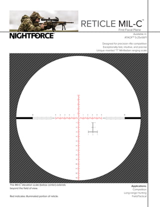 RETICLE MIL-C
TM
Designed for precision rifle competition
Exceptionally fast, intuitive, and precise
Unique inverted “T” Mil-Radian ranging scale
First Focal Plane
Applications:
Competition
Long-range Hunting
Field/Tactical
Red indicates illuminated portion of reticle.
Available in:
ATACRTM
5-25x56F1
The Mil-C elevation scale (below center) extends
beyond the field of view.
TM
 