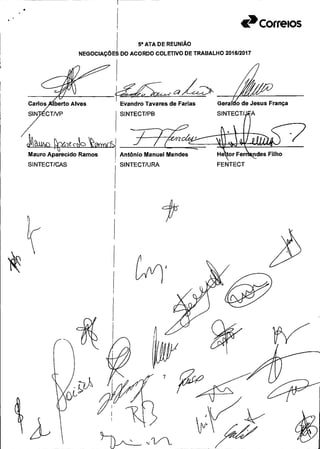 SINTECT/PB
de Jesus França
1
Evandro Tavares de Farias
JAaw3o
Mauro Aparecido Ramos
SINTECT/CAS
Antônio Manuel Mendes
SINTECT/URA
Filho
FENTECT
ri
M
2 ft
&
'E'
à» Correios
Sa ATA DE REUNIÃO
NEGOCIAÇÕES DO ACORDO COLETIVO DE TRABALHO 201612017
4
 