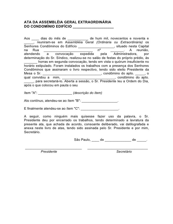 Ata de assembléia de condomínio Ata de assembléia de condomínio