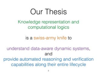 Our Thesis
Knowledge representation and  
computational logics  
 
is a swiss-army knife to 
 
understand data-aware dynamic systems,
and  
provide automated reasoning and veriﬁcation
capabilities along their entire lifecycle
3
 