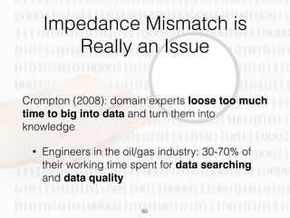 Impedance Mismatch is
Really an Issue
Crompton (2008): domain experts loose too much
time to big into data and turn them into
knowledge
• Engineers in the oil/gas industry: 30-70% of
their working time spent for data searching
and data quality
60
 