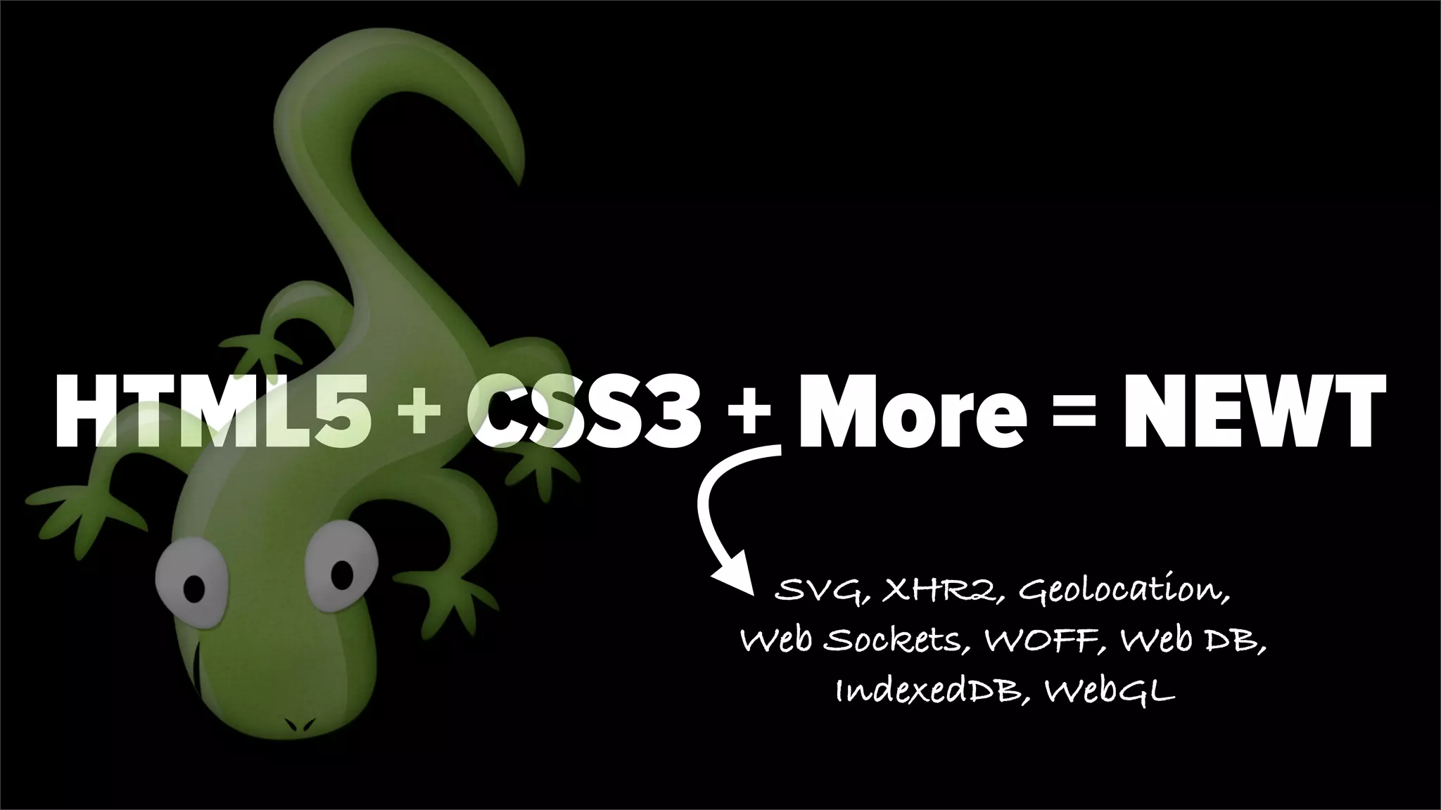 HTML5 + CSS3 + More = NEWT
SVG, XHR2, Geolocation,
Web Sockets, WOFF, Web DB,
IndexedDB, WebGL
 