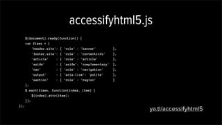 accessifyhtml5.js
$(document).ready(function() {
var fixes = {
'header.site': { 'role' : 'banner' },
'footer.site': { 'role' : 'contentinfo' },
'article' : { 'role' : 'article' },
'aside' : { 'aside': 'complementary' },
'nav' : { 'role' : 'navigation' },
'output' : { 'aria-live': 'polite' },
'section' : { 'role' : 'region' }
};
$.each(fixes, function(index, item) {
$(index).attr(item);
});
});
ya.tl/accessifyhtml5
 