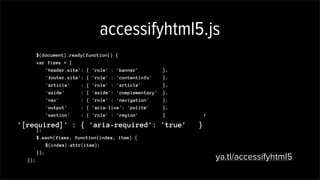 accessifyhtml5.js
$(document).ready(function() {
var fixes = {
'header.site': { 'role' : 'banner' },
'footer.site': { 'role' : 'contentinfo' },
'article' : { 'role' : 'article' },
'aside' : { 'aside': 'complementary' },
'nav' : { 'role' : 'navigation' },
'output' : { 'aria-live': 'polite' },
'section' : { 'role' : 'region' }
};
$.each(fixes, function(index, item) {
$(index).attr(item);
});
}); ya.tl/accessifyhtml5
,
'[required]' : { 'aria-required': 'true' }
 
