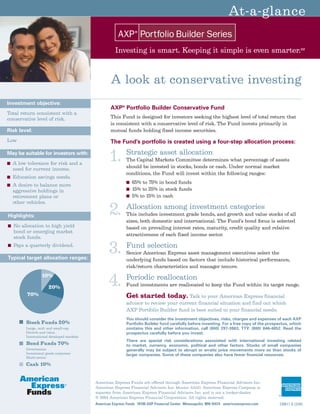 At-a-glance

                                                      Investing is smart. Keeping it simple is even smarter.                                            SM




                                                   A look at conservative investing
Investment objective:
                                                   AXP® Portfolio Builder Conservative Fund
Total return consistent with a
conservative level of risk.                        This Fund is designed for investors seeking the highest level of total return that
                                                   is consistent with a conservative level of risk. The Fund invests primarily in
Risk level:                                        mutual funds holding fixed income securities.
Low                                                The Fund’s portfolio is created using a four-step allocation process:
May be suitable for investors with:
■   A low tolerance for risk and a
                                                  1.        Strategic asset allocation
                                                            The Capital Markets Committee determines what percentage of assets
                                                            should be invested in stocks, bonds or cash. Under normal market
    need for current income.
                                                            conditions, the Fund will invest within the following ranges:
■   Education savings needs.
                                                            ■ 65% to 75% in bond funds
■   A desire to balance more
    aggressive holdings in                                  ■ 15% to 25% in stock funds
    retirement plans or                                     ■ 5% to 15% in cash
    other vehicles.

Highlights:                                       2. Allocation among investment categories
                                                            This includes investment grade bonds, and growth and value stocks of all
                                                            sizes, both domestic and international. The Fund’s bond focus is selected
■   No allocation to high yield                             based on prevailing interest rates, maturity, credit quality and relative
    bond or emerging market
                                                            attractiveness of each fixed income sector.
    stock funds.
■   Pays a quarterly dividend.

Typical target allocation ranges:
                                                  3. Fund selection
                                                            Senior American Express asset management executives select the
                                                            underlying funds based on factors that include historical performance,
                                                            risk/return characteristics and manager tenure.
                  10%

                      20%
                                                  4. Periodic reallocation
                                                            Fund investments are reallocated to keep the Fund within its target range.
          70%                                               Get started today. Talk to your American Express financial
                                                            advisor to review your current financial situation and find out which
                                                            AXP Portfolio Builder fund is best suited to your financial needs.
                                                            You should consider the investment objectives, risks, charges and expenses of each AXP
         Stock Funds 20%                                    Portfolio Builder fund carefully before investing. For a free copy of the prospectus, which
         Large-, mid- and small-cap                         contains this and other information, call (800) 297-3863, TTY: (800) 846-4852. Read the
         Growth and value                                   prospectus carefully before you invest.
         International developed markets
                                                            There are special risk considerations associated with international investing related
         Bond Funds 70%                                     to market, currency, economic, political and other factors. Stocks of small companies
         Government                                         generally may be subject to abrupt or erratic price movements more so than stocks of
         Investment grade corporate                         larger companies. Some of these companies also have fewer financial resources.
         Multi-sector
         Cash 10%


                                           American Express Funds are offered through American Express Financial Advisors Inc.
                                           American Express Financial Advisors Inc. Member NASD. American Express Company is
                                           separate from American Express Financial Advisors Inc. and is not a broker-dealer.
                                           © 2004 American Express Financial Corporation. All rights reserved.
                                           American Express Funds 70100 AXP Financial Center Minneapolis, MN 55474 americanexpress.com     230611 A (2/04)
 