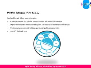Agile Testing Alliance Global Testing Retreat 2017
DevOps Lifecycle (New SDLC)
DevOps lifecycle follow some principles-
 Create production like systems for development and testing environment
 Deployments need to iterative and frequent. Ensure a reliable and repeatable process
 Continuously monitor and validate operational quality characteristics
 Amplify feedback loop
 