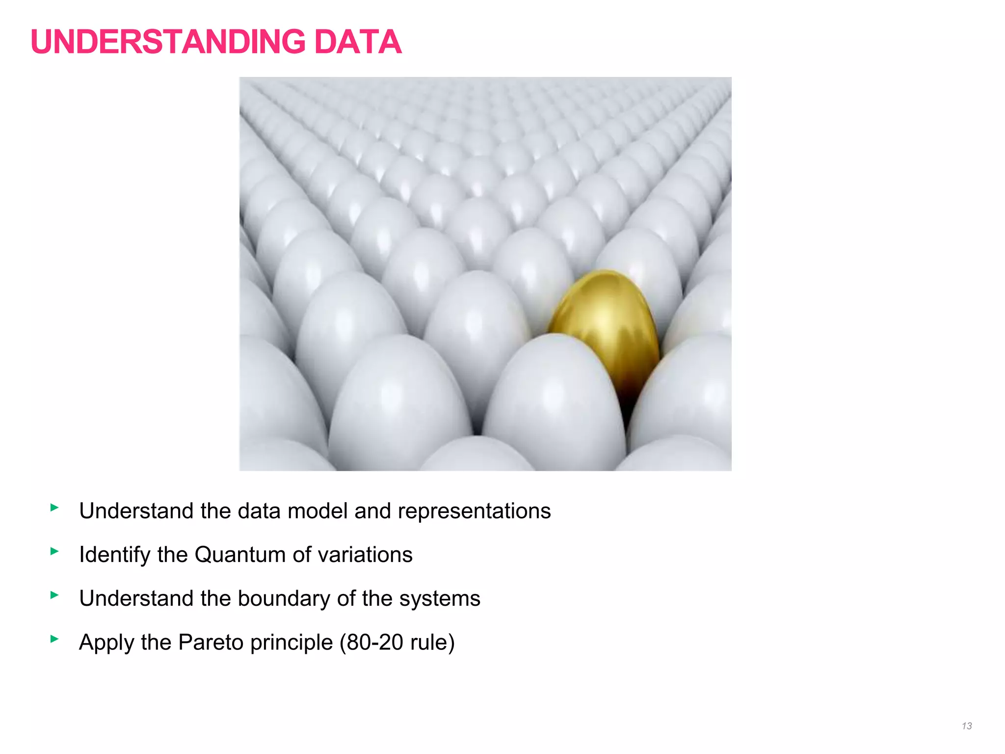 13
‣ Understand the data model and representations
‣ Identify the Quantum of variations
‣ Understand the boundary of the systems
‣ Apply the Pareto principle (80-20 rule)
UNDERSTANDING DATA
 