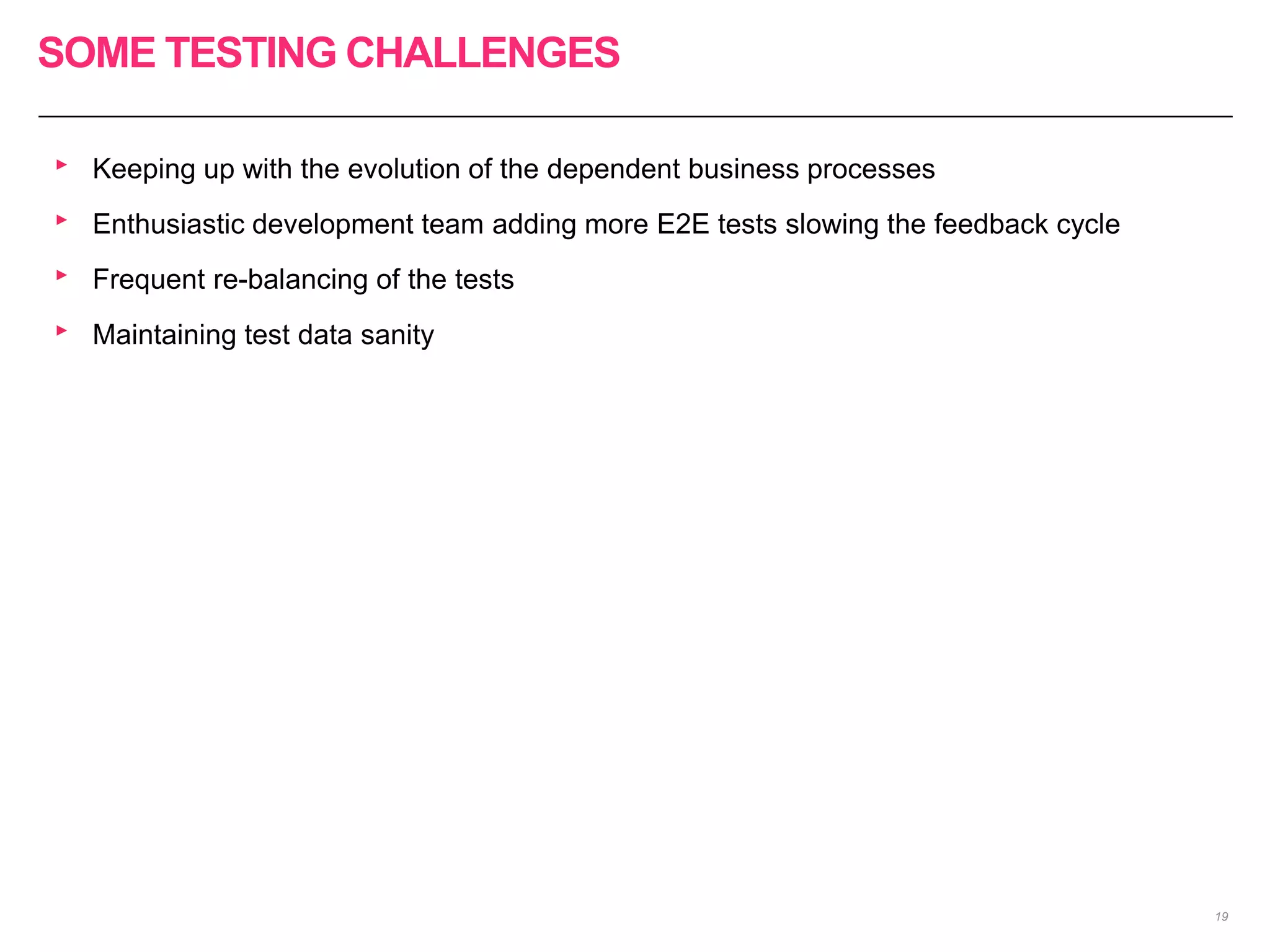 SOME TESTING CHALLENGES
19
‣ Keeping up with the evolution of the dependent business processes
‣ Enthusiastic development team adding more E2E tests slowing the feedback cycle
‣ Frequent re-balancing of the tests
‣ Maintaining test data sanity
 