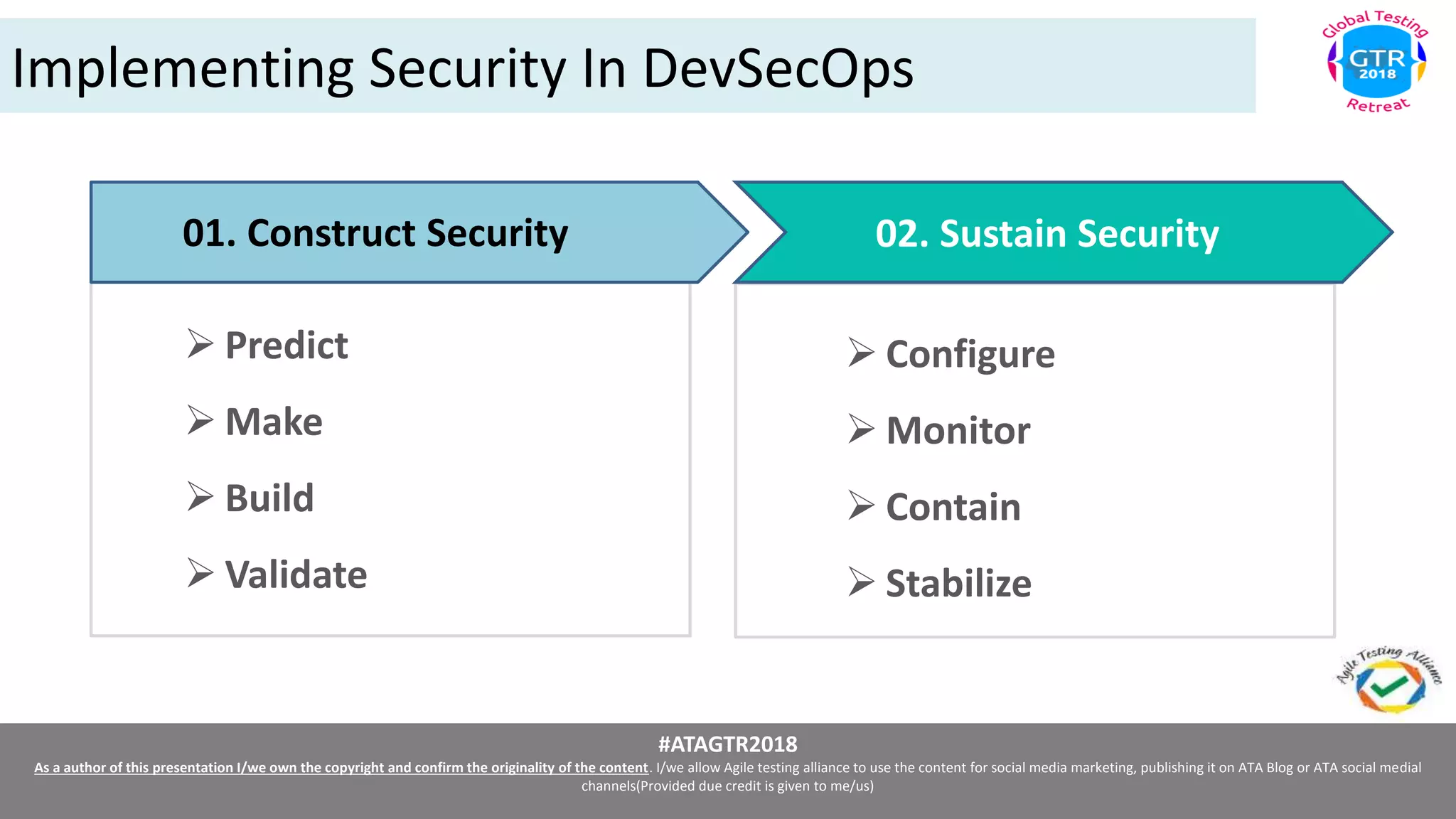 #ATAGTR2018
As a author of this presentation I/we own the copyright and confirm the originality of the content. I/we allow Agile testing alliance to use the content for social media marketing, publishing it on ATA Blog or ATA social medial
channels(Provided due credit is given to me/us)
Implementing Security In DevSecOps
01. Construct Security 02. Sustain Security
 Configure
 Monitor
 Contain
 Stabilize
 Predict
 Make
 Build
 Validate
 