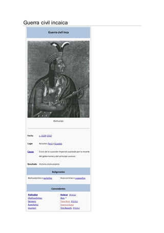 Guerra civil incaica
Guerra civil inca
Atahualpa
Fecha c. 1529-1532
Lugar Actuales Perú y Ecuador
Causas Crisis de la sucesión imperial suscitado por la muerte
del gobernante y del príncipe sucesor.
Resultado Victoria atahualpista
Beligerantes
Atahualpistas o quiteños Huascaristas o cuzqueños
Comandantes
Atahualpa
Challcuchimac
Quizquiz
Rumiñahui
Ucumari
Huáscar (P.D.G.)
Atoc †
Topa Atao (P.D.G.)
Huanca Auqui
Tito Atauchi (P.D.G.)
 