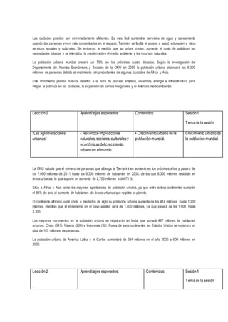 Las ciudades pueden ser extremadamente eficientes. Es más fácil suministrar servicios de agua y saneamiento
cuando las personas viven más concentradas en el espacio. También se facilita el acceso a salud, educación y otros
servicios sociales y culturales. Sin embargo, a medida que las urbes crecen, aumenta el costo de satisfacer las
necesidades básicas y se intensifica la presión sobre el medio ambiente y los recursos naturales.
La población urbana mundial crecerá un 75% en las próximas cuatro décadas. Según la investigación del
Departamento de Asuntos Económicos y Sociales de la ONU en 2050 la población urbana alcanzará los 6.300
millones de personas debido al crecimiento sin precedentes de algunas ciudades de África y Asia.
Este crecimiento plantea nuevos desafíos a la hora de proveer empleos, viviendas, energía e infraestructura para
mitigar la pobreza en las ciudades, la expansión de barrios marginales y el deterioro medioambiental.
La ONU calcula que el número de personas que alberga la Tierra irá en aumento en los próximos años y pasará de
los 7,000 millones de 2011 hasta los 9,300 millones de habitantes en 2050, de los que 6,300 millones residirán en
áreas urbanas, lo que supone un aumento de 2,700 millones o del 75 %.
Sitúa a África y Asia como los mayores aportadores de población urbana, ya que entre ambos continentes sumarán
el 86% de todo el aumento de habitantes de áreas urbanas que registre el planeta.
El continente africano verá cómo a mediados de siglo su población urbana aumenta de los 414 millones hasta 1,200
millones, mientras que el incremento en el caso asiático será de 1,400 millones, ya que pasará de los 1,900 hasta
3,300.
Los mayores incrementos en la población urbana se registrarán en India, que sumará 497 millones de habitantes
urbanos, China (341), Nigeria (200) e Indonesia (92). Fuera de esos continentes, en Estados Unidos se registrará un
alza de 103 millones de personas.
La población urbana de América Latina y el Caribe aumentará de 394 millones en el año 2000 a 609 millones en
2030
Lección2 Aprendizajes esperados: Contenidos: Sesión1
Temadelasesión
“Las aglomeraciones
urbanas”
• Reconoceimplicaciones
naturales,sociales,culturalesy
económicasdelcrecimiento
urbanoen elmundo.
• Crecimientourbanodela
poblaciónmundial.
Crecimientourbanode
la poblaciónmundial.
Lección2 Aprendizajes esperados: Contenidos: Sesión1
Temadelasesión
 