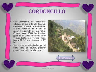 CORDONCILLO
     •       Esta parroquia se encuentra
             situada al sur este de Paccha,
             cabecera cantonal de Atahualpa,
             a una distancia de 4 Km, al
             margen izquierdo del rio Palto.
             Cuenta con 1500 habitantes,
             goza de un clima templado sano
             y agradable, en verano llega
             hasta 27 0 C y en invierno a 17
             0C.

     •       Sus productos principales son el
             café, caña de azúcar, plátano
             guineo, naranja, zapotes, etc.


                                                           DESCRIPCION



12/10/2009                               ANGELA ACHILIER                 4
 