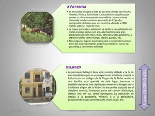 AYAPAMBA
             • se encuentra situado al este de Zaruma y limita con Paccha,
               Huertas, Piñas, y Santa Rosa. Este pueblo es orgulloso por
               poseer un clima sumamente maravilloso con estaciones
               marcadas y su temperatura promedio de 22 grados
               centígrados, debido a que se encuentra ubicado a 1300
               metros sobre el nivel del mar.
             • La mayor parte de la población se dedica a la explotación del
               metal precioso como es el oro, además tiene una gran
               producción de café, maní, maíz, caña de azúcar, ganadería, y
               arboles frutales como mango, zapote, guabas, etc.
             • Tiene algunos lugares especiales para el desarrollo turístico,
               entre los mas importantes podemos señalar las ruinas de
               yacuviñay, y la chorrera achirales




             MILAGRO




                                                                                S. Juan DE CERRO AZUL
             • La parroquia Milagro lleva este nombre debido a la fe de
               sus moradores que en su mayoría son católicos, cuanta la
               historia por un milagro de la Virgen de la Nube realizo a
               una familia muy querida de este lugar, tomaron la
               decisión de hacer una capilla para venerar la imagen de la
               Santísima Virgen de la Nube. Se encuentra ubicada en el
               altiplano orense, formando parte del cantón Atahualpa,
               siendo una de sus cinco parroquias La población se
               dedica a la ganadería, minería, y a la agricultura,
               produciendo especialmente café, maní, maíz, etc.


12/10/2009    ANGELA ACHILIER                                                          7
 