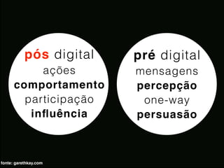 pós digital   pré digital
           ações         mensagens
      comportamento      percepção
        participação      one-way
         inﬂuência       persuasão



fonte: garethkay.com
 