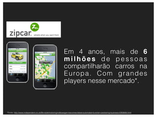 Em 4 anos, mais de 6
                                                             milhões de pessoas
                                                             compartilharão carros na
                                                             Europa. Com grandes
                                                             players nesse mercado*.



*Fonte: http://www.independent.co.uk/life-style/motoring/volkswagen-becomes-latest-automaker-to-enter-carsharing-business-2283656.html
 