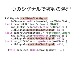 一つのシグナルで複数の処理 
RACSignal* canVideoChatSignal = 
RACObserve(self.viewModel, canVideoChat); 
[self.cameraOnButton // Camera ON/OFF 
rac_liftSelector:@selector(setEnabled:) 
withSignals:canVideoChatSignal, nil]; 
[self.cameraChangeButton // Front/Back Camera 
rac_liftSelector:@selector(setEnabled:) 
withSignals:canVideoChatSignal, nil]; 
[self rac_liftSelector:@selector(setVideo:) 
withSignals:canVideoChatSignal, nil]; 
! 
- (void)setVideo:(BOOL)canVideoChat { … } 
 
